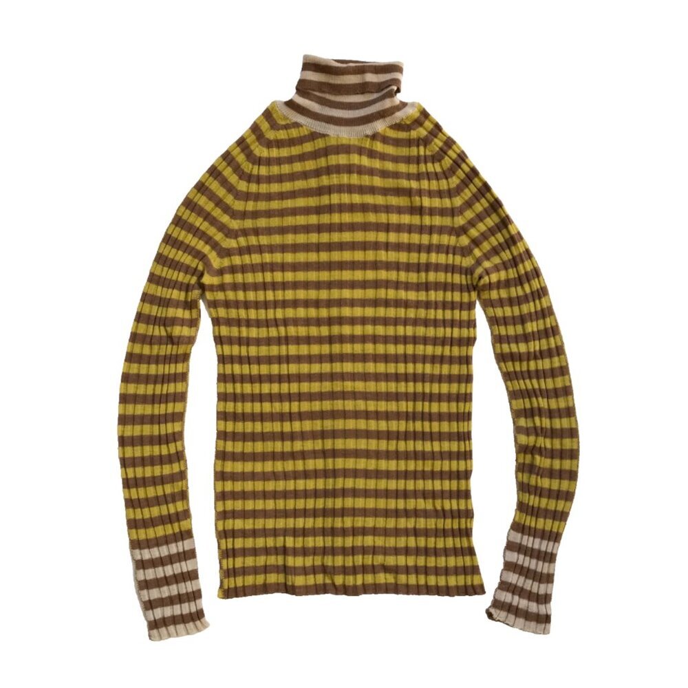 ALYSI Ribbed Knit Turtleneck Shirt Top Womens Medium Yellow Brown Stripe Wool